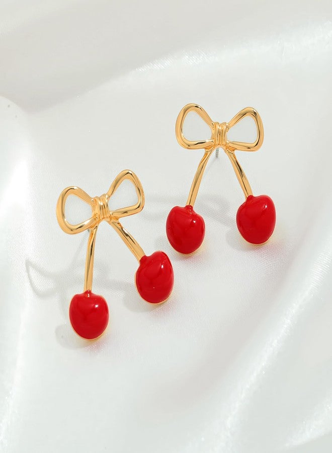 HolidayQbee Gold Cherry Stud Earrings for Women 14K Gold Plated Cute Red Cherry Bow Flat Back Earrings Studs Hypoallergenic Handmade Statement Fruit Earrings Jewelry Gifts - Image 5